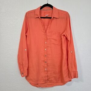 Sigrid Olsen Coral Orange Linen Blend Button Down Shirt M Roll Tab Sleeve